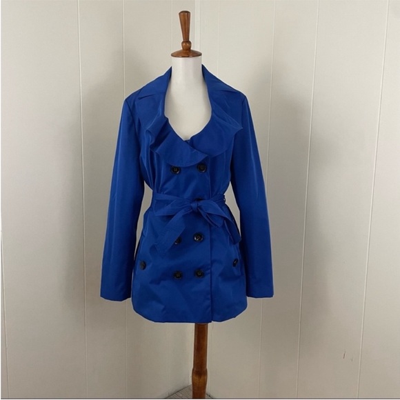 Sandro Paris Ruffle Scoop Neck Double Breasted Belted Short Trench Jacket - Picture 1 of 9
